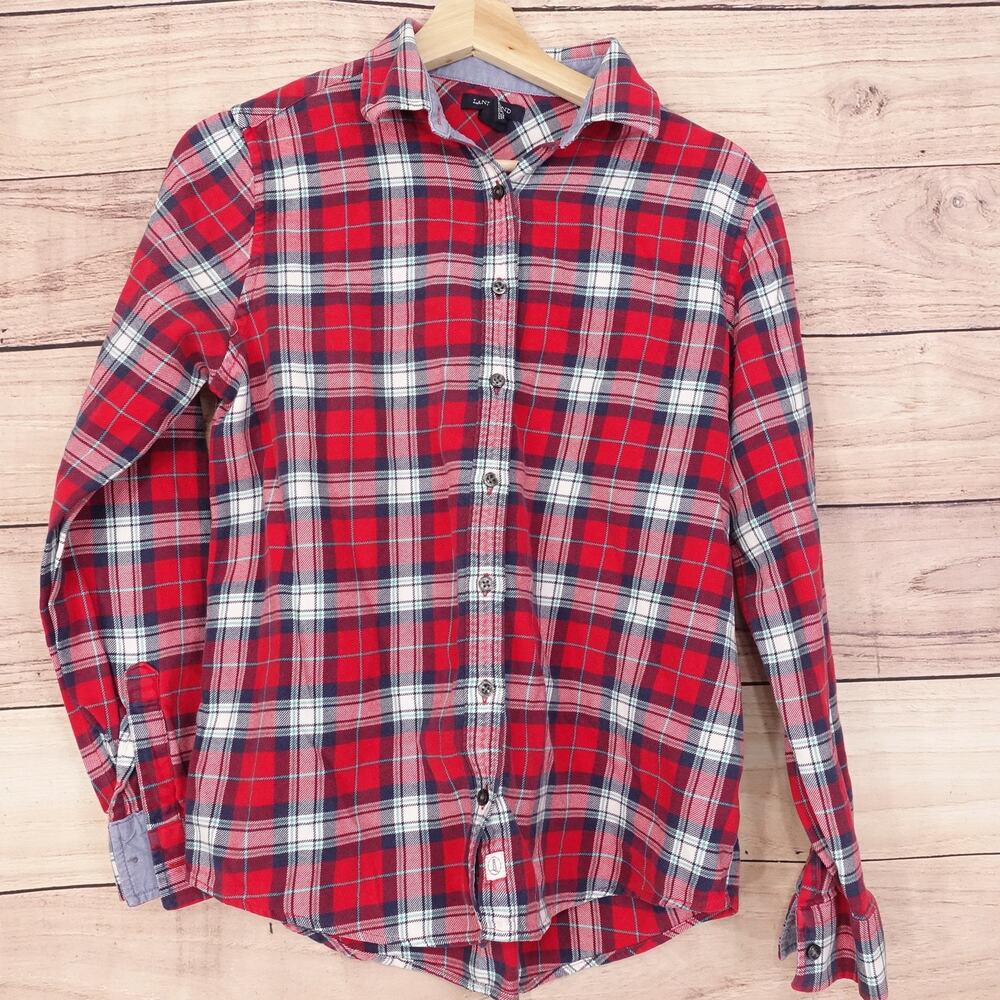 Lands' End‎ Shirt Medium 10-12 Red Plaid Flannel Long Sleeve Button Up Top - L2
